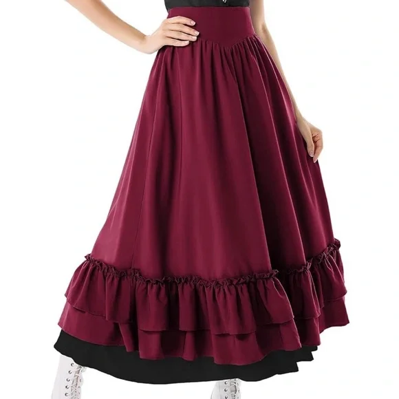 Womens Burgundy Ruffled Tiered Skirt - Picture 2 of 9